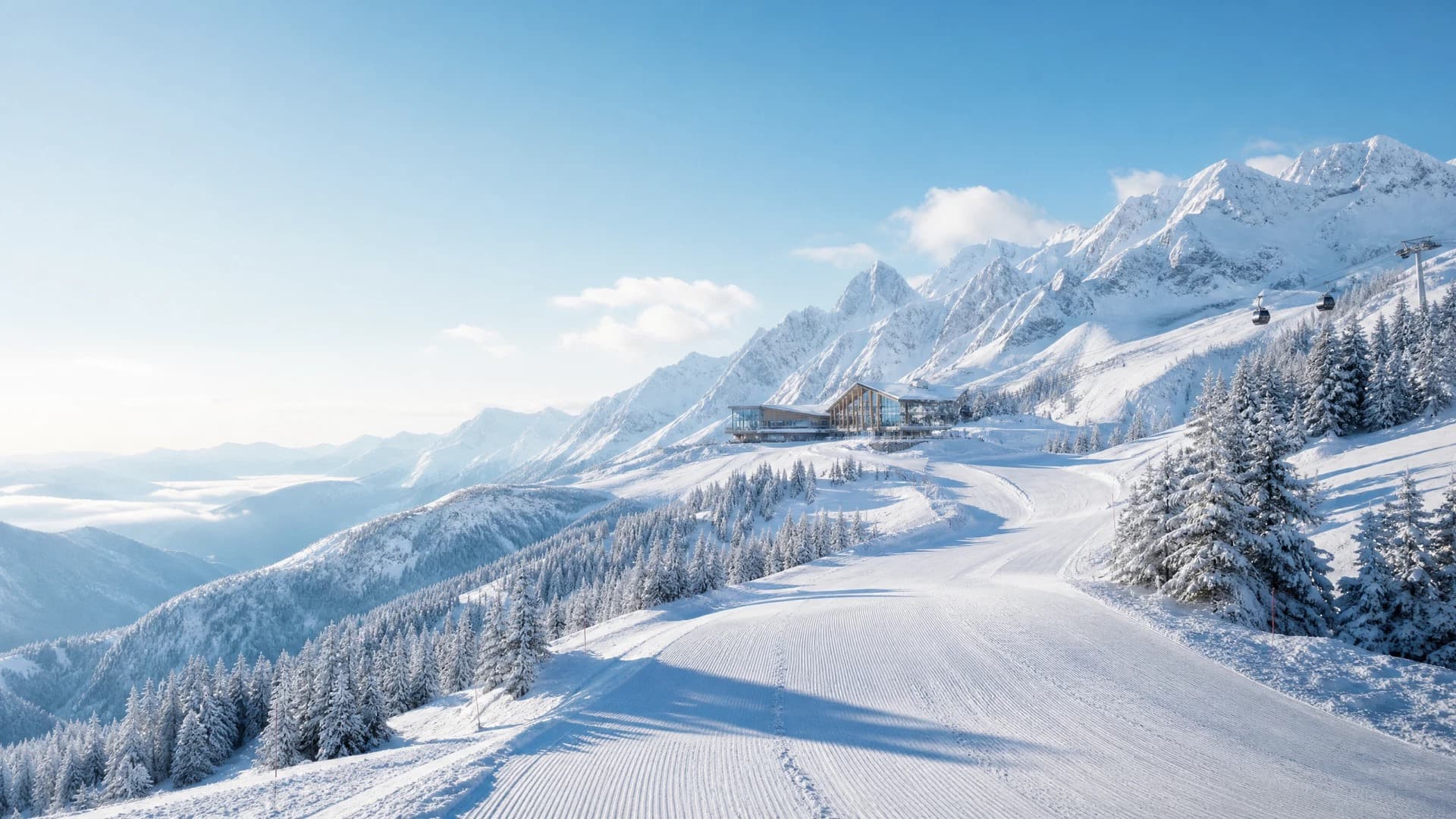 蓝天白云下的高山雪场